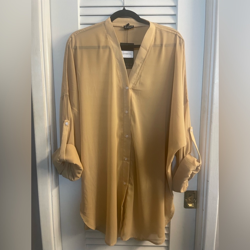 Icon Swim NWT Farrah Sheer Shirt Coverup In Tan Size L-Adjustable Roll Tab Cuffs